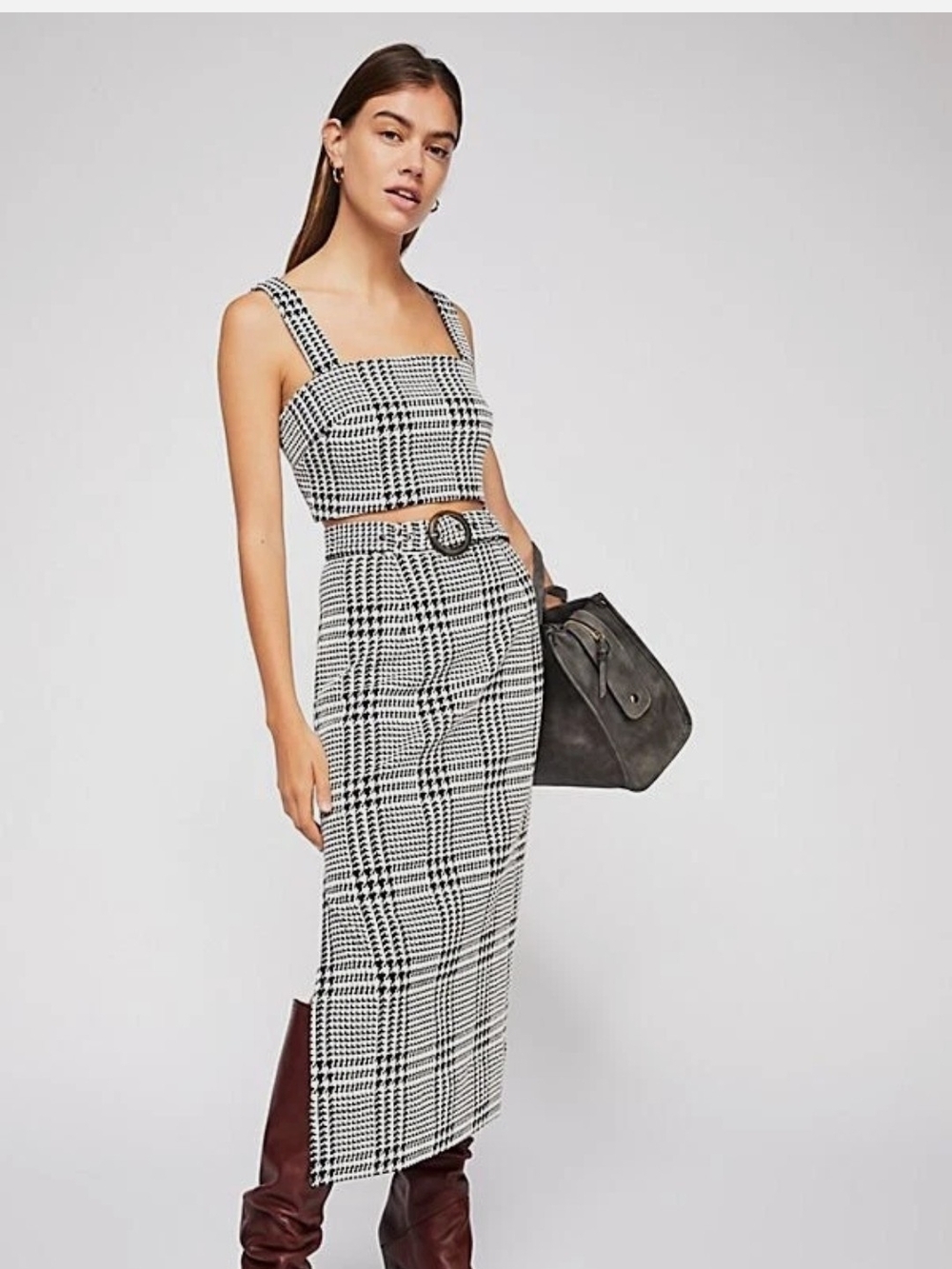 Free People Black & White Plaid Midi Skirt